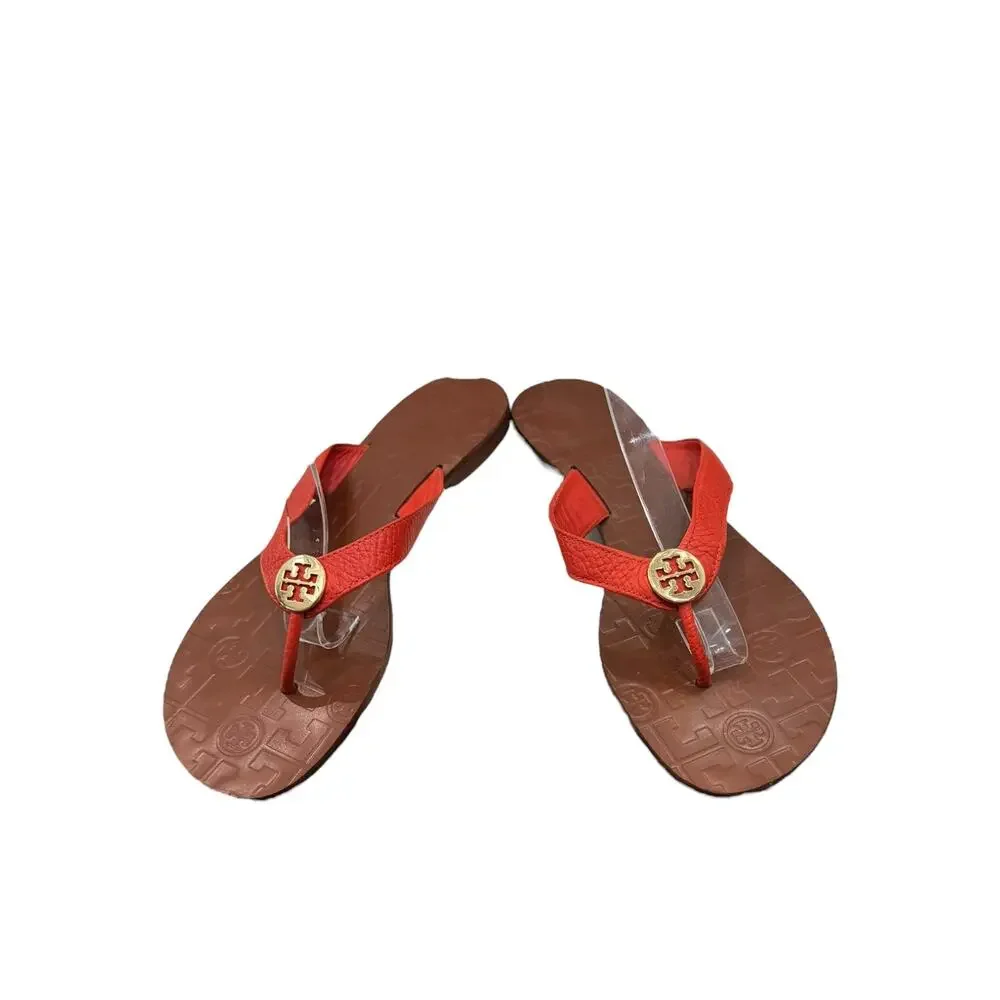 Tory Burch Thora Logo Medallion Leather Flip Flop Sandals Orange Sz 9M